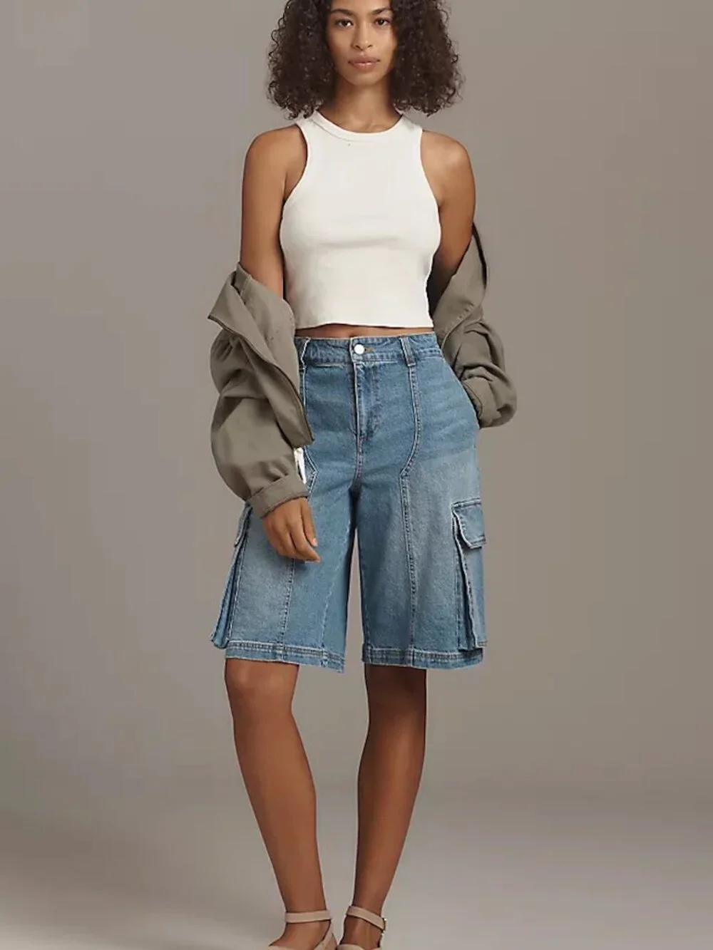 NWT Avec Les Filles Long Denim Cargo Bermuda Shorts, Size 26